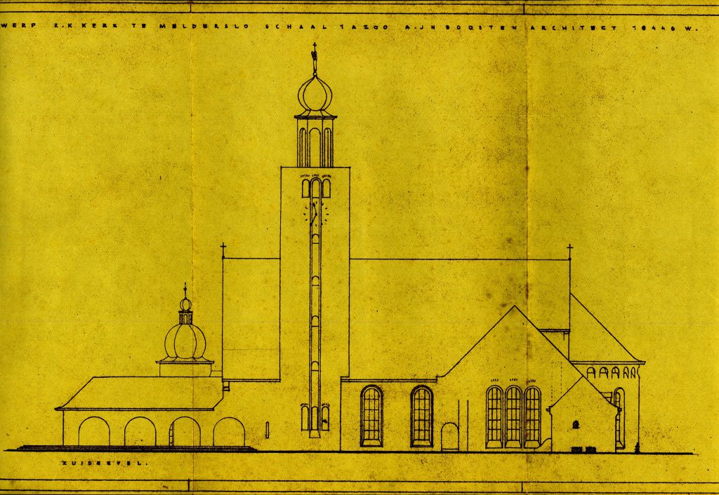 Bouwtekening van de kerk uit 1946, gezien vanuit het zuiden (huidige Lochtstraat).